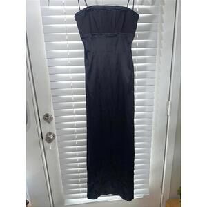 Vtg Y2K Black Silky Spaghetti Strap Evening Dress with Lace-Up Back
